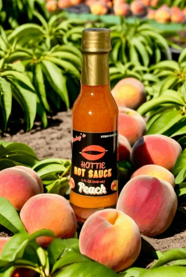 A bottle of hot sauce surrounded by peaches.