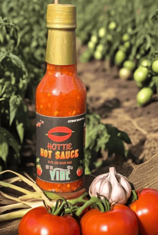 A bottle of hot sauce sitting next to some garlic.