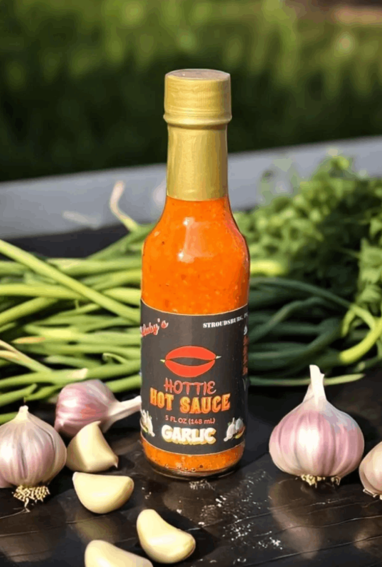 A bottle of hot sauce sitting next to garlic.