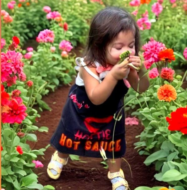 A young child wearing Black Ruby's Apron sniffs a green plant while standing in a garden filled with vibrant flowers.