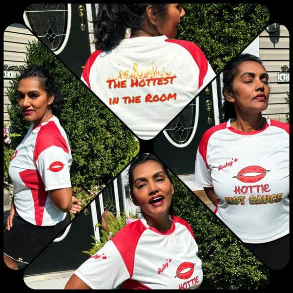 Collage of a woman wearing a White and Red Ruby's Tee featuring flames and "THE HOTTEST IN THE ROOM" written on the back. She poses in various angles outside a house.