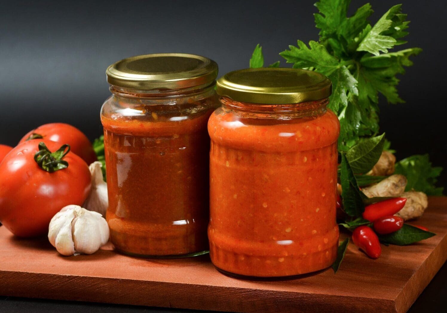 Two jars of tomato sauce on a wooden board surrounded by fresh tomatoes, garlic, herbs, and red chili peppers against a dark background.